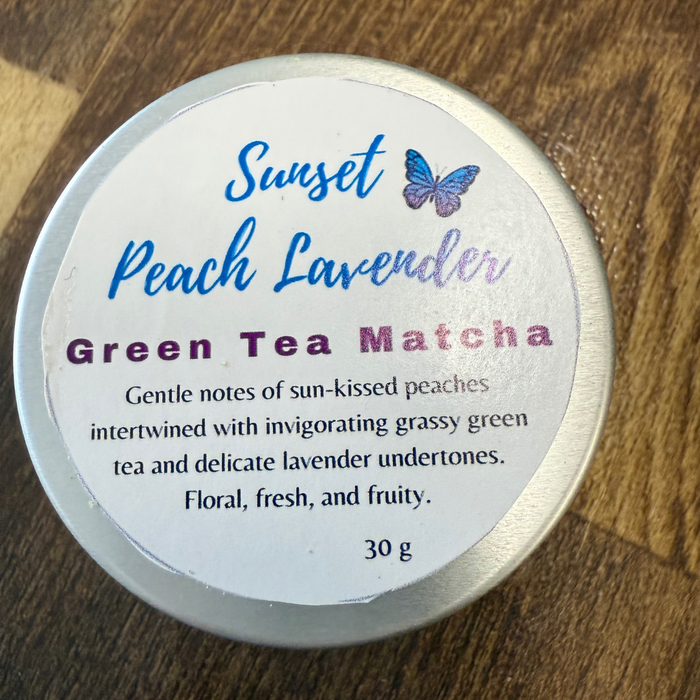 Showing tin label for Sunset Peach Lavender Green Tea Matcha