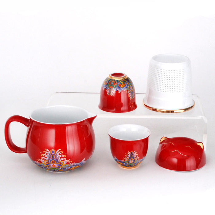 Lucky Cat Tea Set - Red