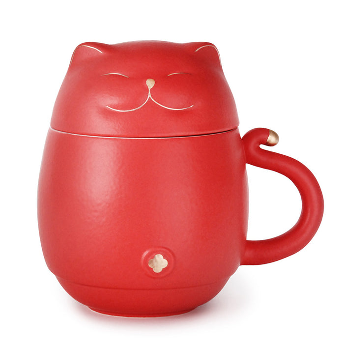 Lucky Cat Mug w strainer Red