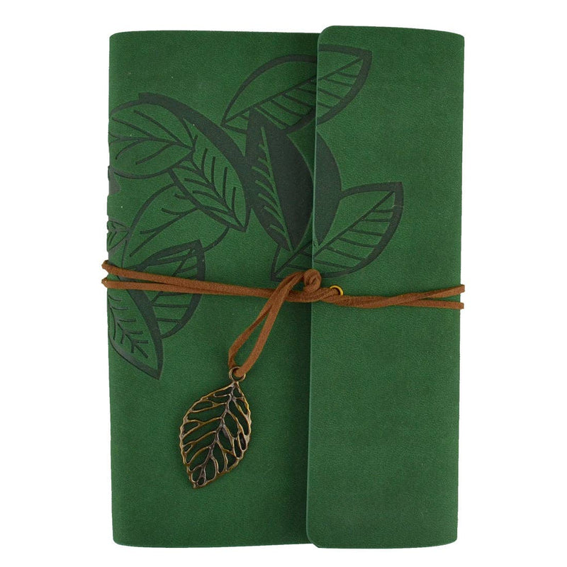 Green notebook with leaf design and brown string on a white background