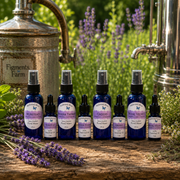 Six blue glass fragrance oil bottles from Butterfly & Balm, including various Musks and Rose Water scents, arranged on a rustic wooden surface with lavender sprigs and vintage distillation equipment in a garden setting.
