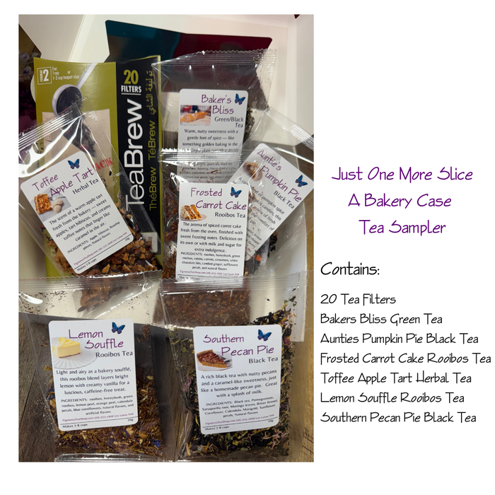Inside the Just One More Slice Bakery Case Tea Sampler — six 20g dessert-inspired loose-leaf teas, 20 tea filters, and decorative clips.