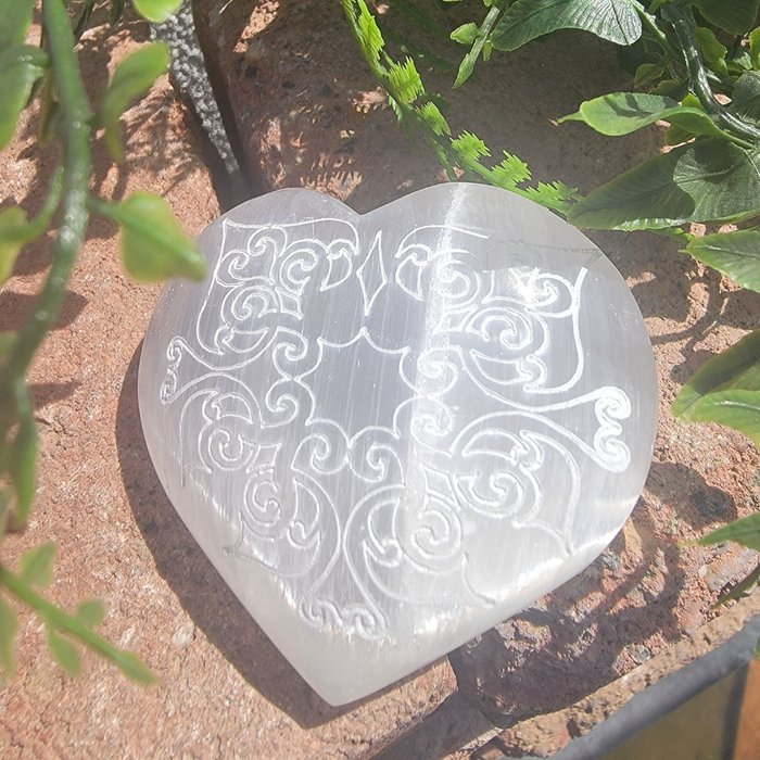 Selenite Heart Carved with Swirl Design