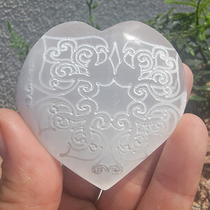 Selenite Heart Carved with Swirl Design