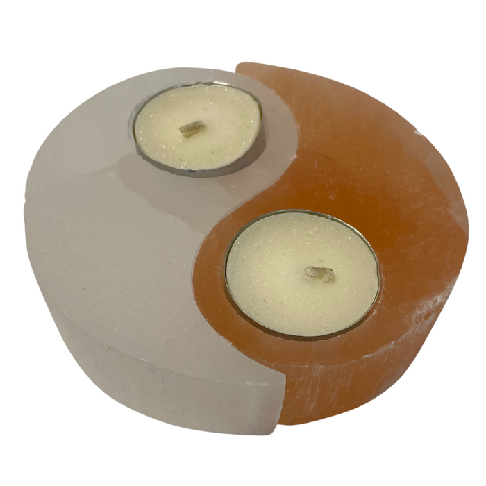 Selenite Yin Yang Tea Light Candle Holder - Orange and White