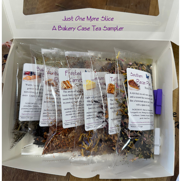 Gift-ready Just One More Slice Bakery Case Tea Sampler — includes six dessert-inspired loose-leaf teas and tea filters in a white bakery box