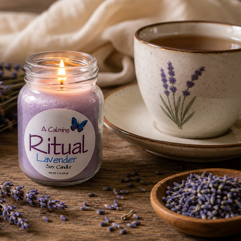 candle burning near a cup of tea