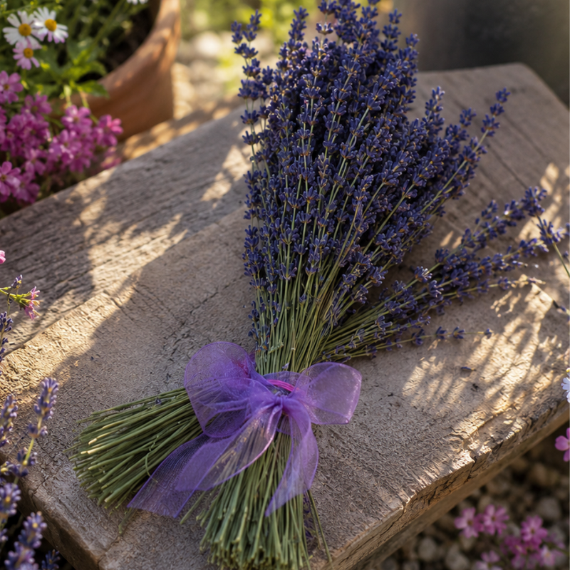 Bouquet of lavender with a purple ribbon on a stone surface with flowers in the background