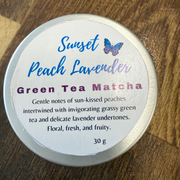 Showing tin label for Sunset Peach Lavender Green Tea Matcha
